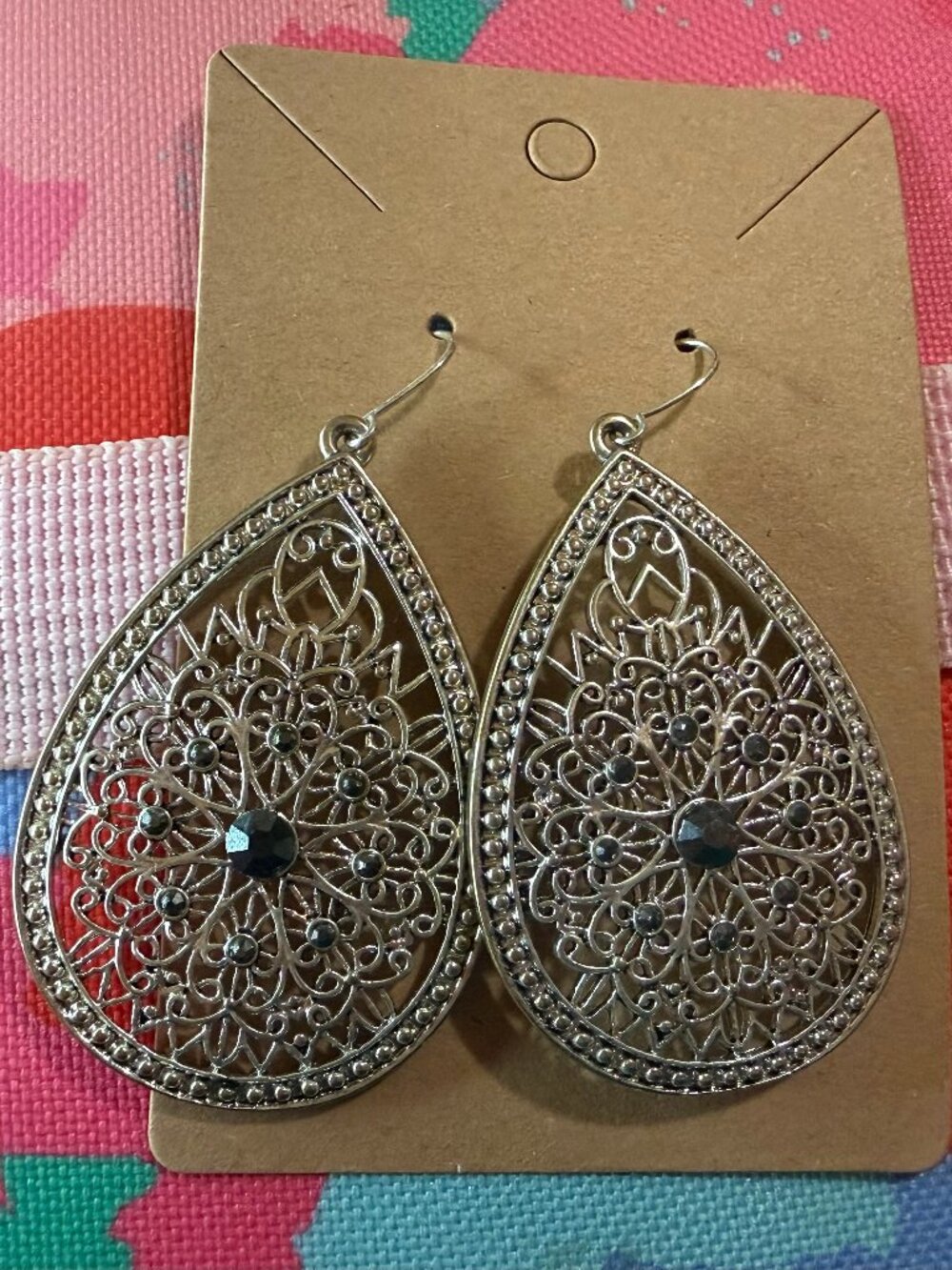 Silver Filigree Teardrop Earrings Black Crystal Boho Statement